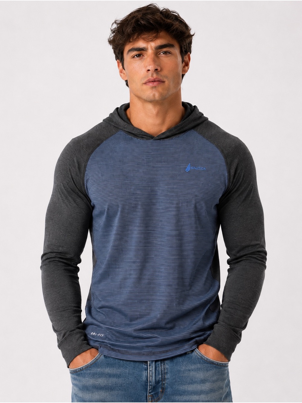 Nike Men's Blue Hooded Raglan Long-Sleeve Shirt with Charcoal Sleeves